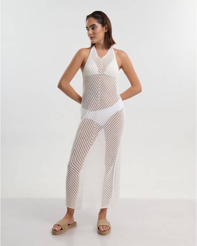 LONG SLEEVELESS NET DRESS IN WHITE COLOR ONE SIZE (100% POLYESTER)