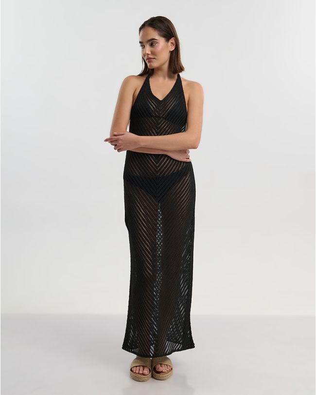 LONG SLEEVELESS NET DRESS IN BLACK COLOR ONE SIZE (100% POLYESTER)