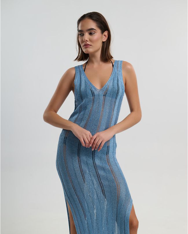 LONG SLEEVELESS DRESS IN SHINY BLUE COLOR ONE SIZE (100% POLYESTER)