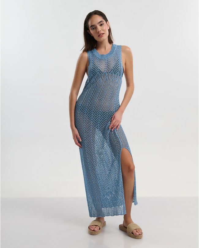 LONG SLEEVELESS DRESS IN SHINY BLUE COLOR ONE SIZE (100% POLYESTER)