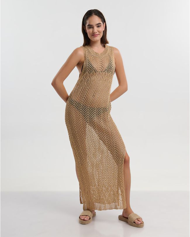 LONG SLEEVELESS DRESS IN GOLD COLOR ONE SIZE (100% POLYESTER)