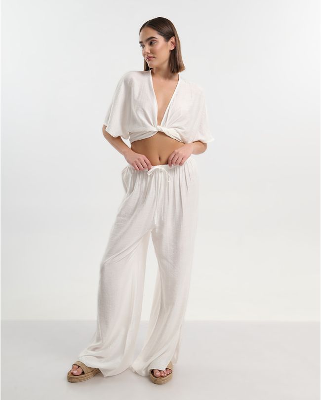 S/2 TIED TOP AND PANTS IN WHITE COLOR ONE SIZE (70% COTTON, 30% NYLON)