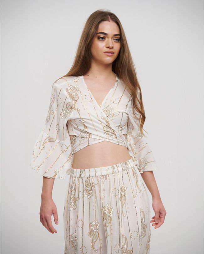 CROP TOP WITH KNOT IN WHITE COLOR WITH LUREX ONE SIZE (100% VISCOSE)