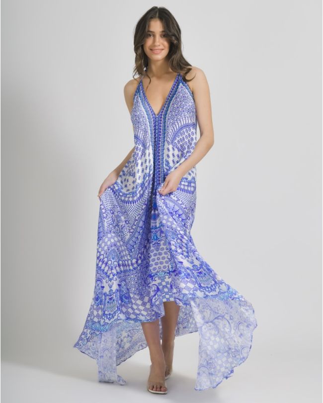 ΦΟΡΕΜΑ ΑΜΑΝΙΚΟ ΛΕΥΚΟ/ΜΠΛΕ ΜΕ ΣΧΕΔΙΑ ONE SIZE (100%VISCOSE SATIN)