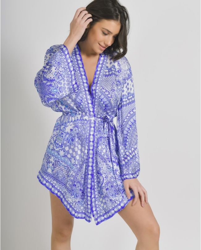 KIMONO WHITE/BLUE WITH PRINTS ONE SIZE (100%VISCOSE SATIN)