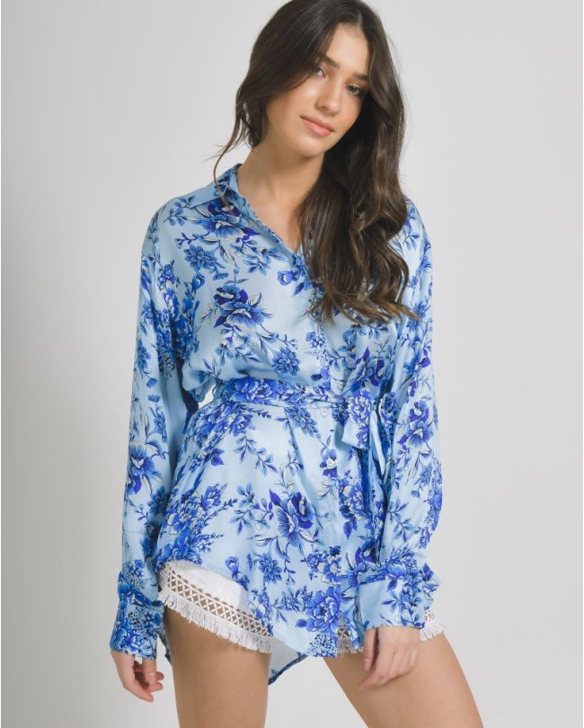 SHIRT IN TURQUOISE/BLUE WITH PRINTS ONE SIZE (100%VISCOSE SATIN)