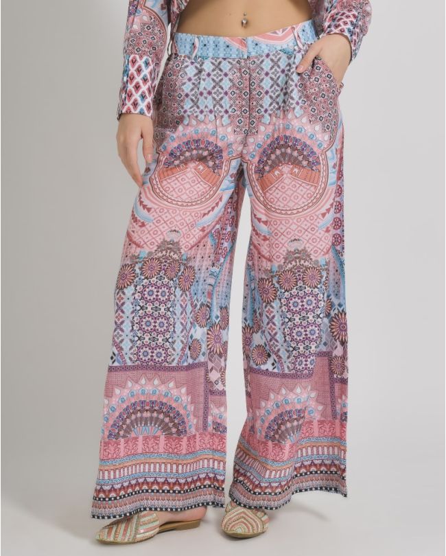 PANTS IN WHITE/PINK WITH PRINTS ONE SIZE  (100% LINEN)