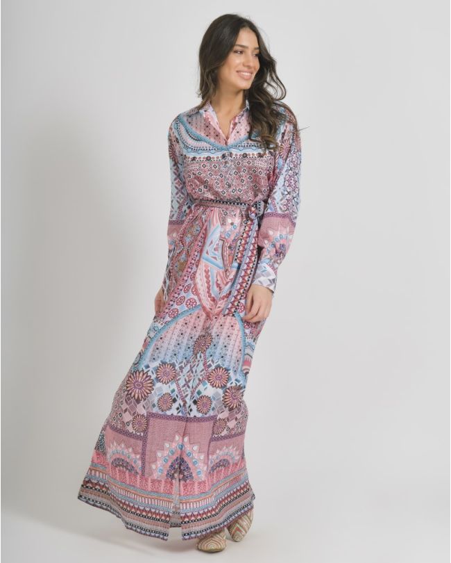 LONG SHΙRT WITH LONG SLEEVES IN WHITE/PINK WITH PRINTS ONE SIZE  (100% LINEN)