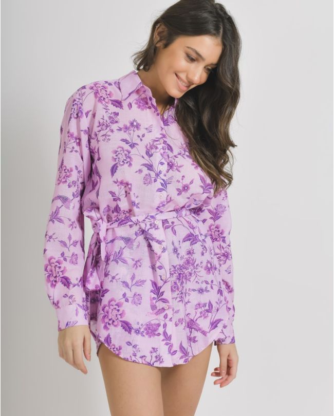 SHIRT WITH BELT IN PURPLE COLOR WITH FLOWERS ONE SIZE ( 100%LINEN)