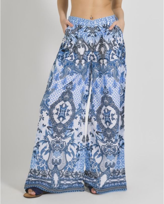 PANTS IN WHITE BLUE COLOR WITH PRINTS ONE SIZE ( 100%LINEN)