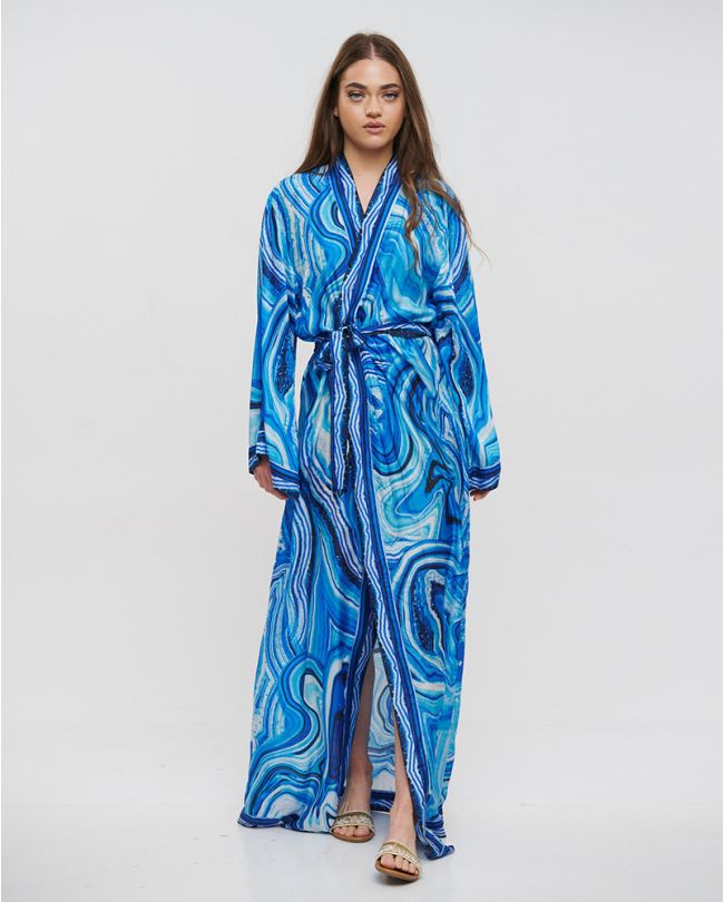 LONG KIMONO IN WHITE BLUE WITH BELT ONE SIZE ( VISCOSE MODAL )