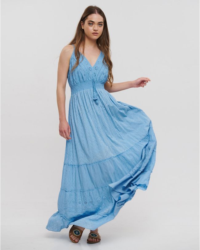 LONG SLEEVELESS DRESS IN BLUE COLOR ONE SIZE (100% COTTON)