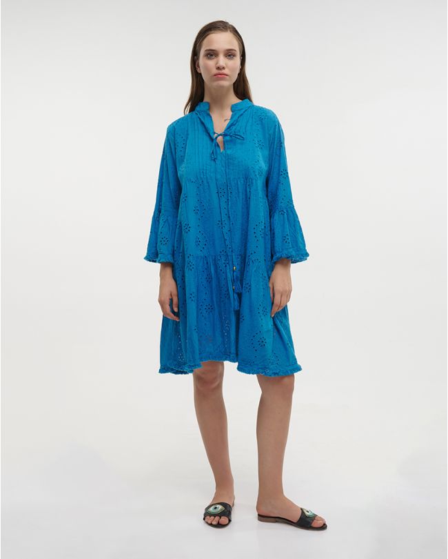 SHORT DRESS WITH LONG SLEEVES IN BLUE COLOR ONE SIZE (100% COTTON)