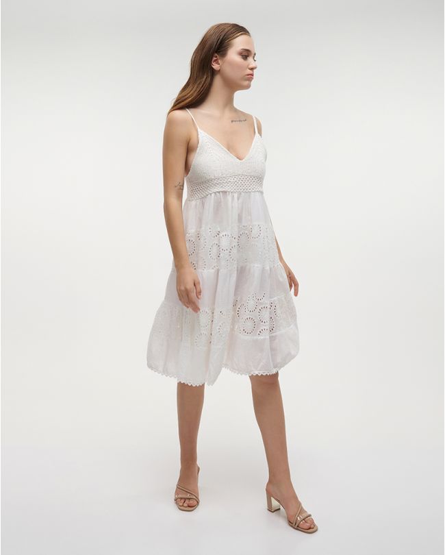 SHORT SLEEVELESS DRESS IN WHITE COLOR WITH CROCHET DETAILS ONE SIZE (100% COTTON)
