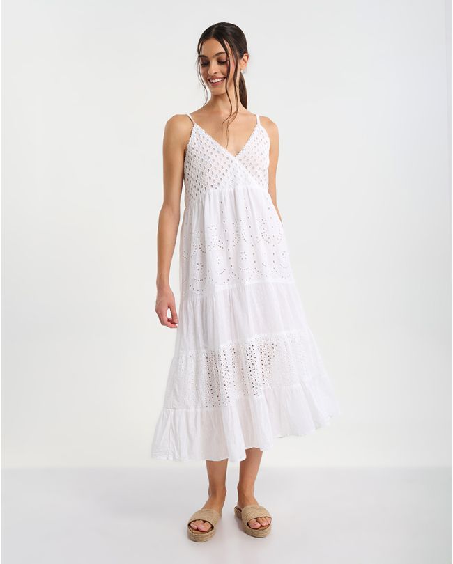 ΦΟΡΕΜΑ ΜΑΚΡΥ ΑΜΑΝΙΚΟ  ΣΕ ΛΕΥΚΟ ΧΡΩΜΑ ΜΕ ΚΕΝΤΗΜΑΤΑ, ONE SIZE (100% COTTON)