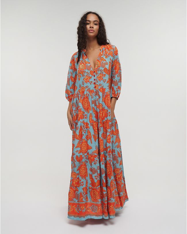 LONG DRESS IN BLUE/RED COLOR ONE SIZE (100% COTTON)