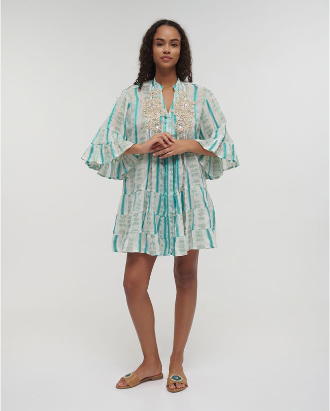 SHORT DRESS 3/4 IN WHITE/BLUE COLOR ONE SIZE (100% COTTON)