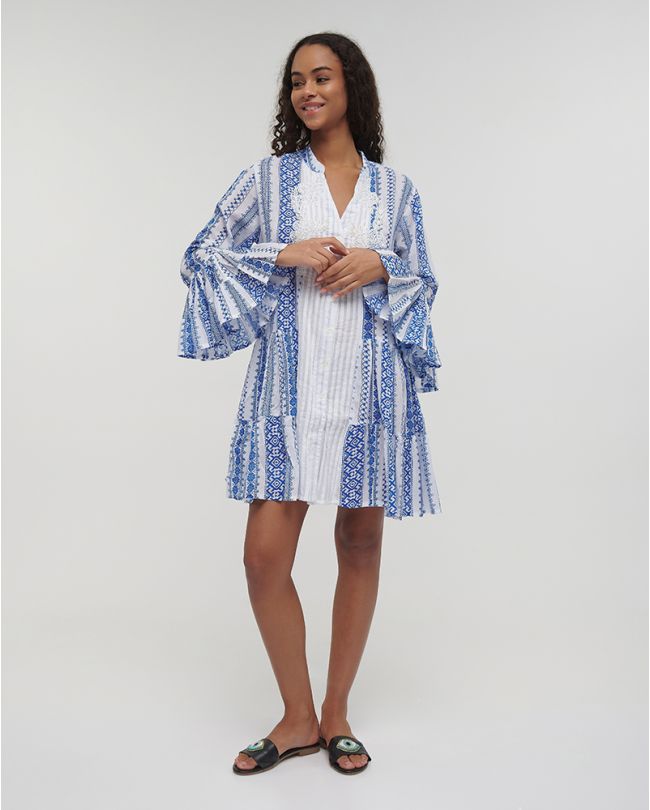 SHORT DRESS IN BLUE/WHITE COLOR ONE SIZE (100% COTTON)