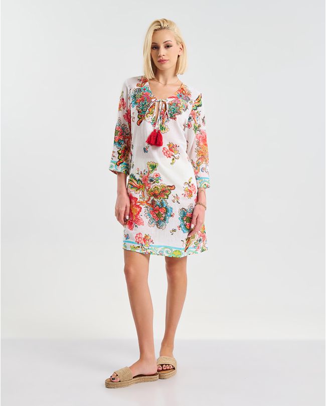 ΦΟΡΕΜΑ/ΚΑΦΤΑΝΙ KONTO ME 3/4 MANIKΙ  ΛΕΥΚΟ  ΜΕ ΚΟΚΚΙΝΕΣ/ΜΠΛΕ ΛΕΠΤΟΜΕΡΕΙΕΣ S/M (100% COTTON)