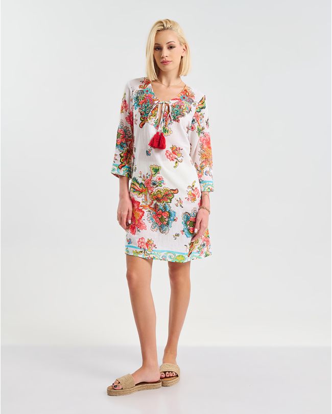 ΦΟΡΕΜΑ/ΚΑΦΤΑΝΙ KONTO ME 3/4 MANIKΙ  ΛΕΥΚΟ  ΜΕ ΚΟΚΚΙΝΕΣ/ΜΠΛΕ ΛΕΠΤΟΜΕΡΕΙΕΣ L/XL (100% COTTON)