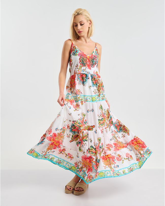 ΦΟΡΕΜΑ ΜΑΚΡΥ ΛΕΥΚΟ ΜΕ ΚΟΚΚΙΝΕΣ/ΜΠΛΕ ΛΕΠΤΟΜΕΡΕΙΕΣ ONE SIZE (100% COTTON)