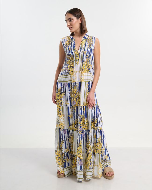 ΦΟΡΕΜΑ ΜΑΚΡΥ ΛΕΥΚΟ ΑΜΑΝΙΚΟ ME ΜΠΛΕ/ ΧΡΥΣΕΣ  ΛΕΠΤΟΜΕΡΕΙΕΣ S/M  (100% COTTON)