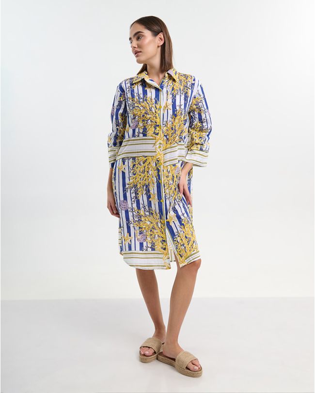 ΠΟΥΚΑΜΙΣΑ ΛΕΥΚΗ ΜΕ 3/4 ΜΑΝΙΚΙ ME ΜΠΛΕ/ ΧΡΥΣΕΣ  ΛΕΠΤΟΜΕΡΕΙΕΣ S/M (100% COTTON)