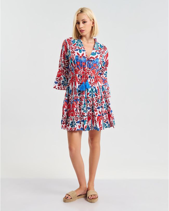 SHORT DRESS  WITH  3/4 SLEEVES  IN RED/BLUE  DETAILS  ONE SIZE  (100% COTTON)