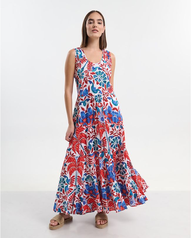 ΦΟΡΕΜΑ ΜΕ ΤΙΡΑΝΤΕΣ ΜΑΚΡΥ  ΜΕ ΚΟΚΚΙΝΕΣ/ΜΠΛΕ ΛΕΠΤΟΜΕΡΕΙΕΣ ONE SIZE ( 100% COTTON)