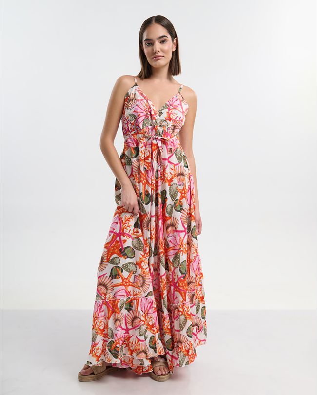 ΜΑΚΡΥ ΦΟΡΕΜΑ ΛΕΥΚΟ ΑΜΑΝΙΚΟ  ΜΕ ΛΕΠΤΟΜΕΡΕΙΕΣ ΠΡΑΣΙΝΕΣ/ΚΟΚΚΙΝΕΣ ONE SIZE ( 100% COTTON)