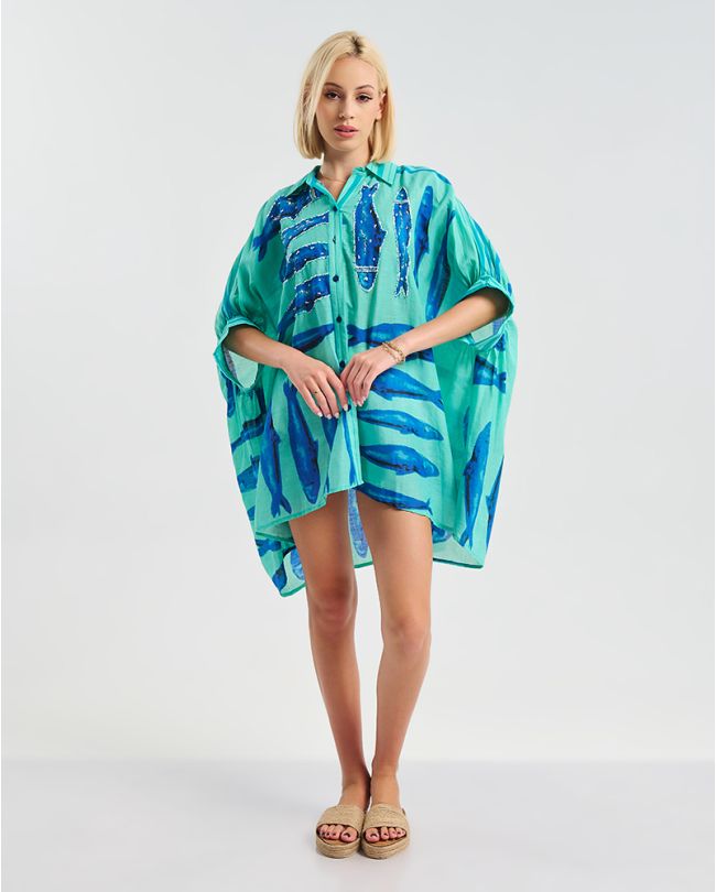 ΠΟΥΚΑΜΙΣΑ 3/4 ΣΕ ΜΠΛΕ ΧΡΩΜΑ  ΜΕ ΨΑΡΙΑ  ONE SIZE ( 100% COTTON)