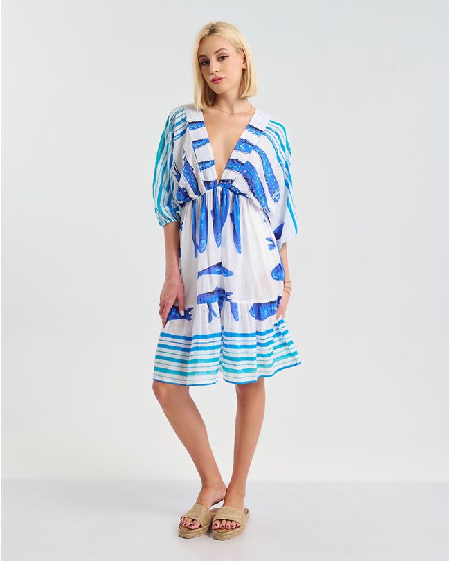 SHORT DRESS 3/4 IN WHITE  COLOR  WITH FISH  ONE SIZE  (100% COTTON)