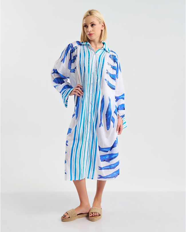 ΜΑΚΡΙΑ ΠΟΥΚΑΜΙΣΑ 3/4 ΣΕ  ΛΕΥΚΟ ΧΡΩΜΑ  ΜΕ ΨΑΡΙΑ  ONE SIZE ( 100% COTTON)