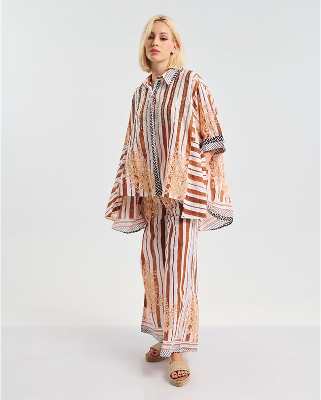 ΠΟΥΚΑΜΙΣΟ 3/4 ΣΕ  ΛΕΥΚΟ/ΚΑΦΕ ΧΡΩΜΑ ΜΕ ΜΑΥΡΕΣ/ΧΡΥΣΕΣ ΛΕΠΤΟΜΕΡΕΙΕΣ  ONE SIZE ( 100% COTTON)