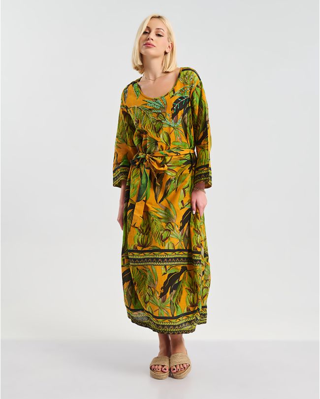 DRESS/KAFTAN WITH 3/4 SLEEVES IN GREEN/ORANGE COLOR WITH ''TROPICAL'' DETAILS ONE SIZE (100% COTTON)