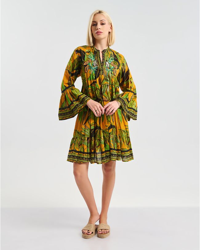 ΦΟΡΕΜΑ ΚΟΝΤΟ 3/4 ΣΕ ΠΡΑΣΙΝΟ/ΠΟΡΤΟΚΑΛΙ ΧΡΩΜΑ ΜΕ ''TROPICAL'' ΛΕΠΤΟΜΕΡΕΙΕΣ S/M ( 100% COTTON)