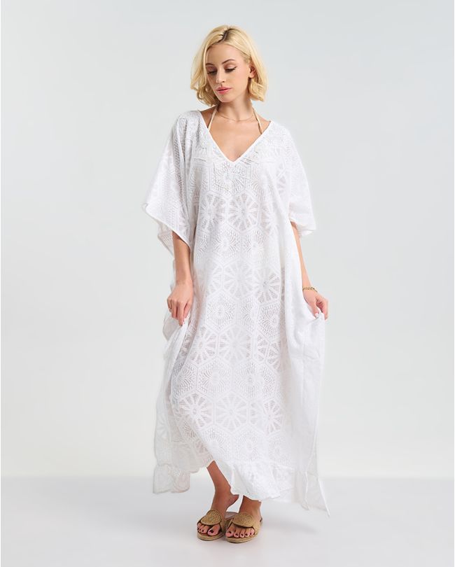 ΜΑΚΡΥ ΛΕΥΚΟ ΚΑΦΤΑΝΙ  ΜΕ ΚΕΝΤΗΤΑ ΛΟΥΛΟΥΔΙΑ ONE SIZE  ( 100% COTTON)