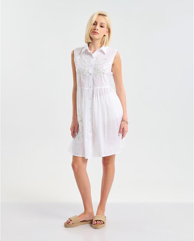 SHORT SLEEVELESS DRESS  IN WHITE COLOR WITH EMBROIDERY S/M (100% COTTON)