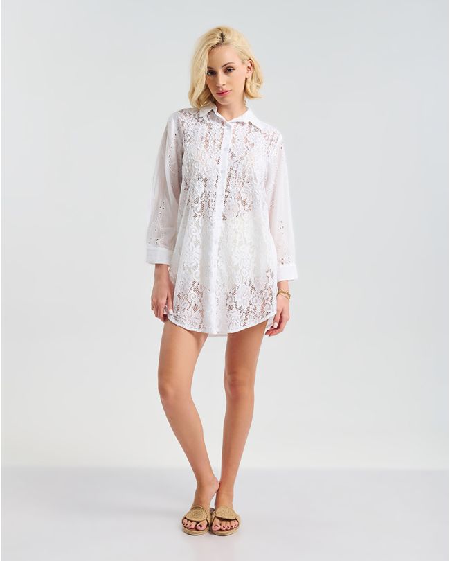 SHIRT IN WHITE COLOR  3/4  WITH FLORAL LACE S/M (100% COTTON)
