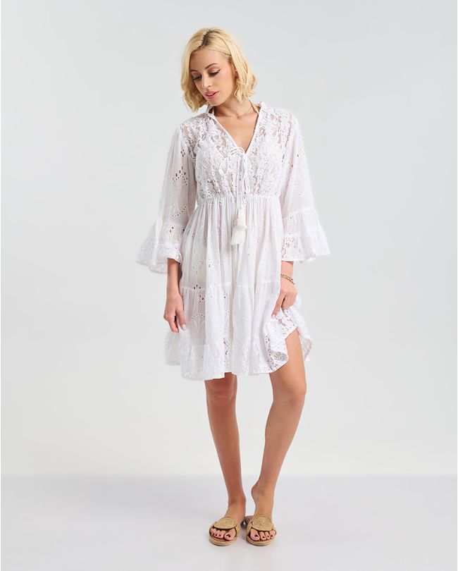 DRESS  IN WHITE COLOR  WITH FLORAL LACE ONE SIZE (100% COTTON)