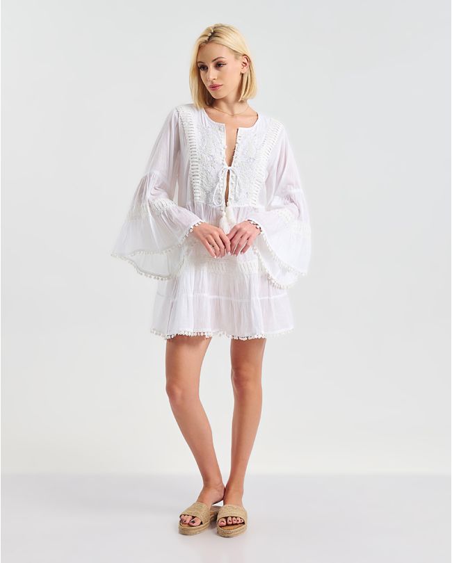 ΦΟΡΕΜΑ ΛΕΥΚΟ ME ΔΙΑΚΟΣΜΗΤΙΚΑ ΦΟΥΝΤΑΚΙΑ ΜΕ BOHO ΑΙΣΘΗΤΙΚΗ ONE SIZE ( 100% COTTON)