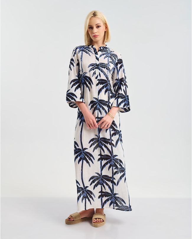 ΜΑΚΡΥ ΦΟΡΕΜΑ ΛΕΥΚΟ/ΜΠΛΕ/ΜΑΥΡΟ ''PALMS'' L/XL ( 100% COTTON)