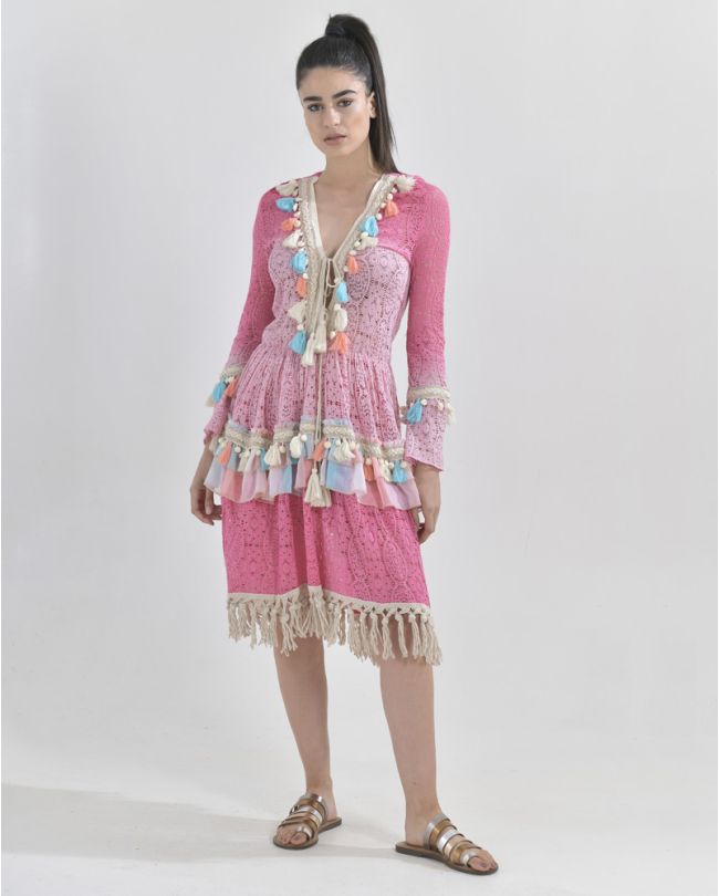 TIE DIE DRESS IN PINK COLOR WITH TASSELS ONE SIZE (100% COTTON)