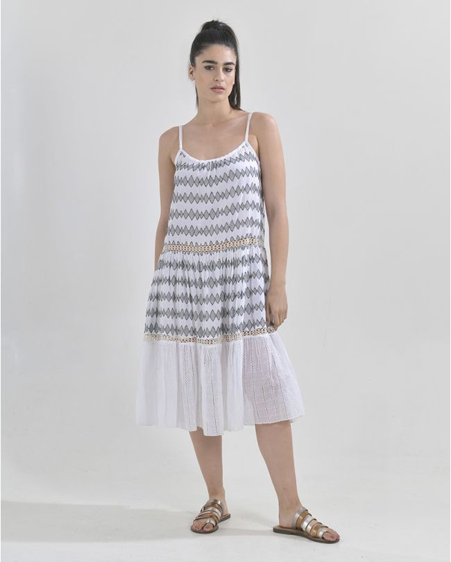 SLEEVELESS LONG DRESS IN WHITE-GREY COLOR WITH PRINTS  M/L (100% COTTON)