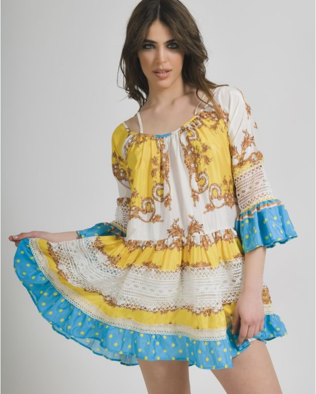 PRINTED SHORT DRESS IN YELLOW/BLUE/WHITE COLOR ONE SIZE (100% COTTON)