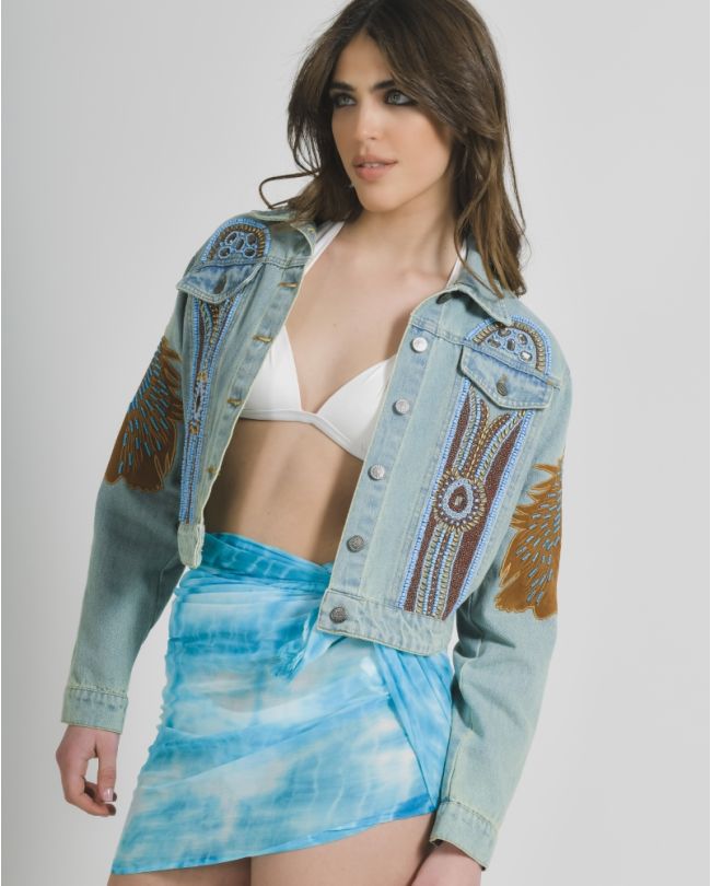 JEAN JACKET IN BROWN/BLUE DETAILS M/L (100% COTTON)