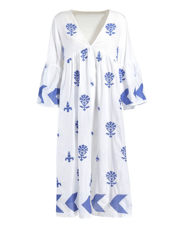 ΦΟΡΕΜΑ ΜΑΚΡΥ ΛΕΥΚΟ ΜΕ ΜΠΛΕ ΚΕΝΤΗΜΑΤΑ ONE SIZE (100% COTTON)