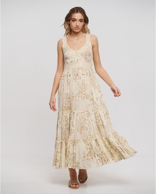 LONG SLEEVELESS DRESS IN ECRU COLOR WITH GOLD DETAILS AND SHELLS ONE SIZE (100% RAYON)