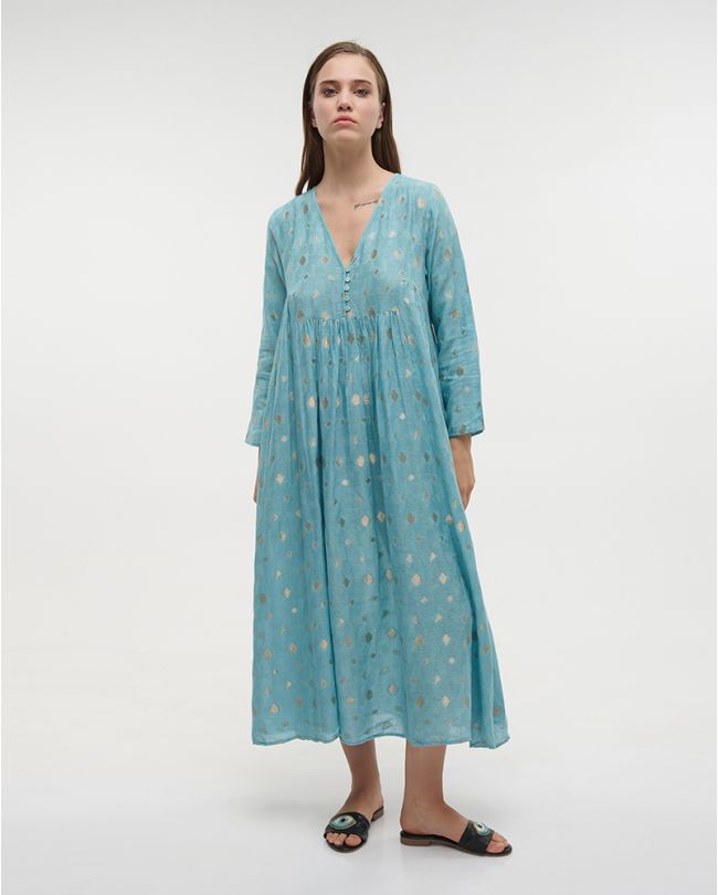 DRESS IN LIGHT BLUE COLOR WITH SILVER LUREX S/M (100% COTTON)