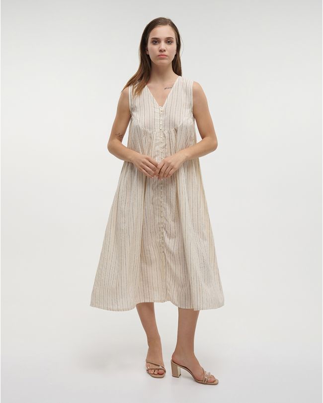 MIDI DRESS IN BEIGE COLOR WITH STRIPES S/M (100% COTTON)
